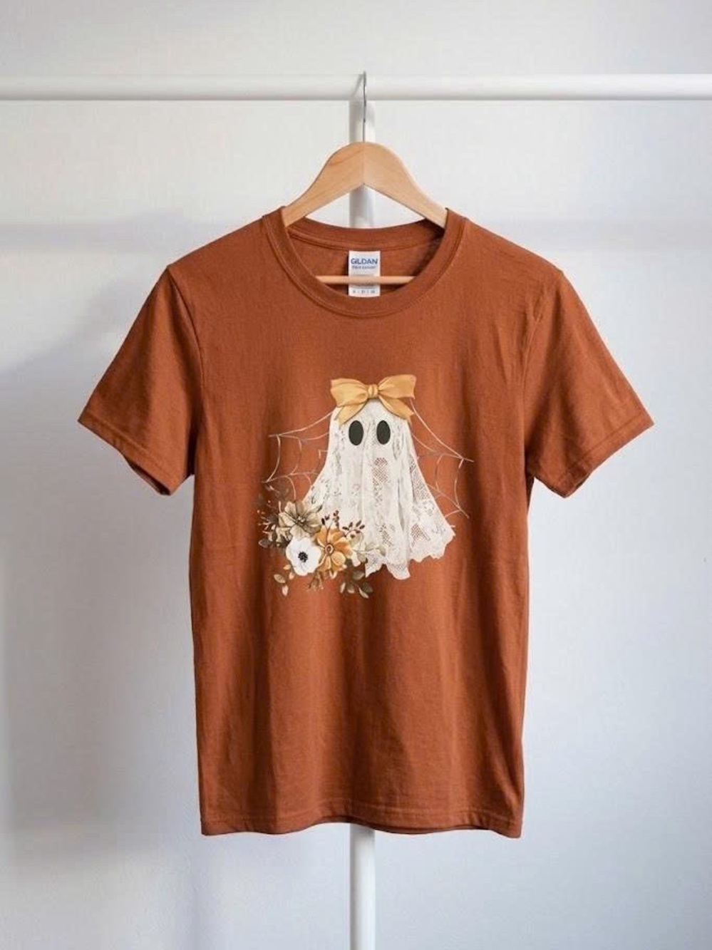 Cute Coquette Bow Ghost Graphic Tee Rust Floral Halloween T-Shirt